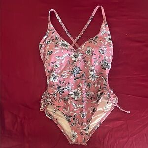 Pink One Piece Swimsuit with Floral Pattern and Plunging Neckline